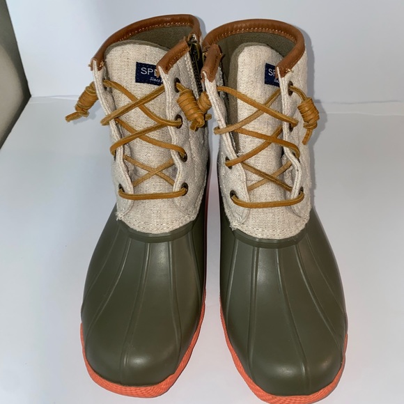 SPERRY Womens Green Duck Rain Boots with Tan Linen Upper Side Closure Size 6 GUC - Picture 2 of 5